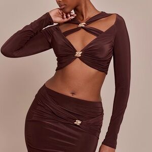 PrettyLittleThing NWT Chocolate Slinky Cut Out Twist Trim Long Sleeve CropTop 10